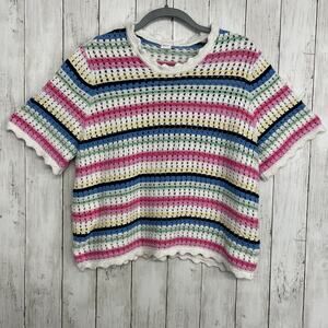 Gap Short Sleeve Striped Colorful Cottage Grandma Crochet Knit Sweater XXL